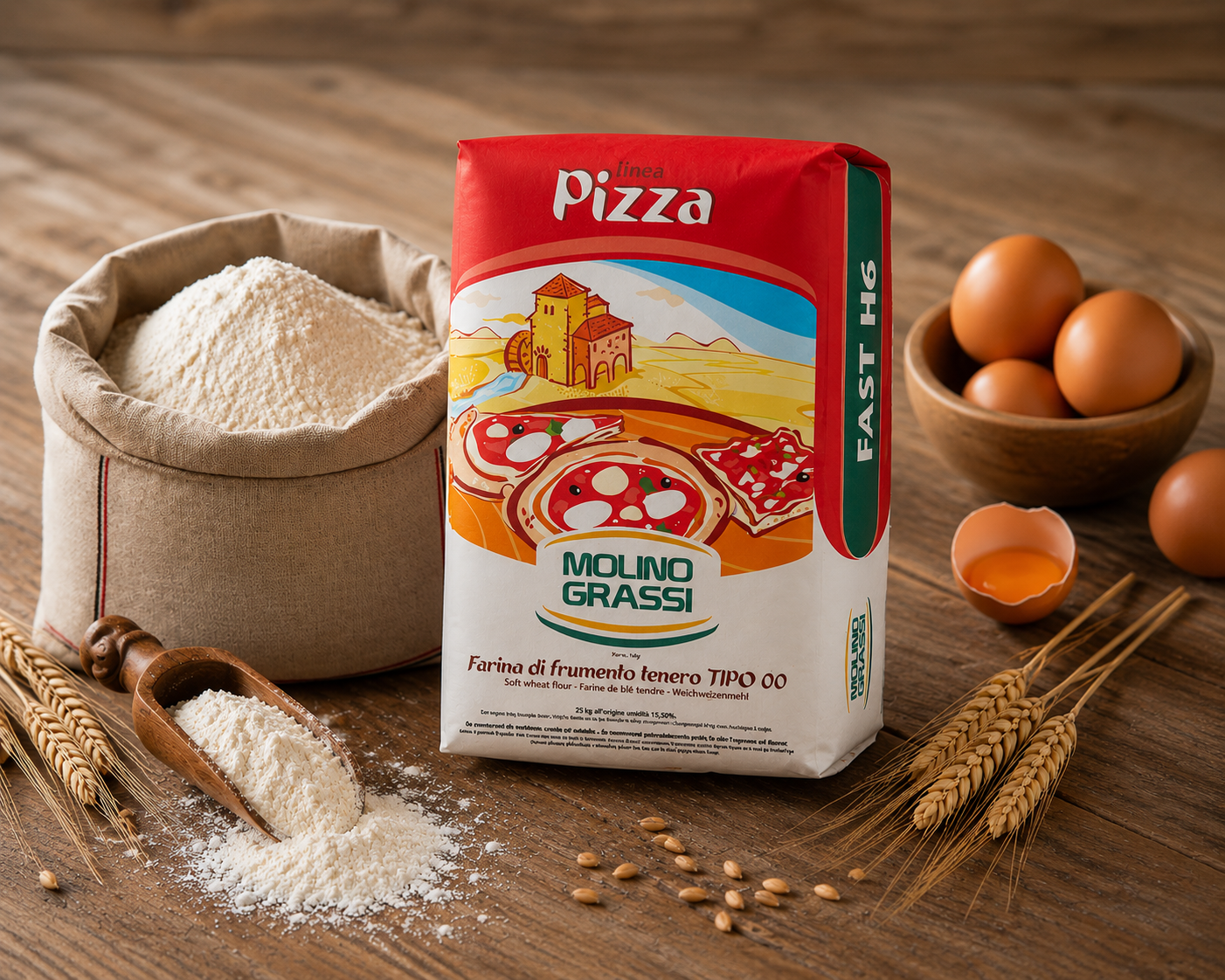 Saco de harina Molino Grassi línea pizza sobre mesa de madera