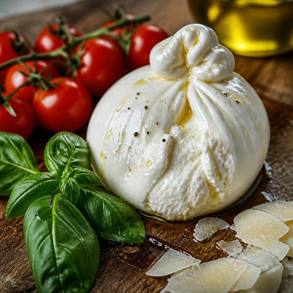 Mozzarella fresca, albahaca, tomates cherry y virutas de parmesano