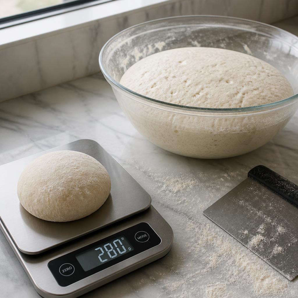 Masa en fermentación sobre báscula digital de cocina